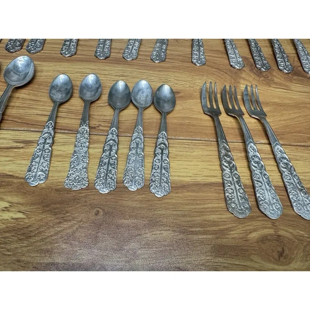 Antique German Silver Alpacca Flatware Set (32 Pieces) - Ornate Scroll Design